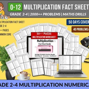 May include: An educational graphic with the text "0-12 MULTIPLICATION FACT SHEET" and "GRADE 2-4". The image includes a laptop, worksheets, and a coffee cup. The text also mentions "2000++ PROBLEMS" and "50++ PAGES".