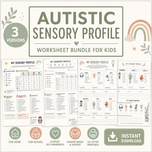Op de afbeelding: Een digitaal werkbladpakket getiteld Autistic Sensory Profile met 3 versies. De pagina's bevatten checklists, iconen voor beweging, geur en smaak, en secties voor sensorische snapshots. Het ontwerp gebruikt gedempte groen-, perzik- en bruintinten met regenboogafbeeldingen en labels voor thuis, school en ondersteuning.