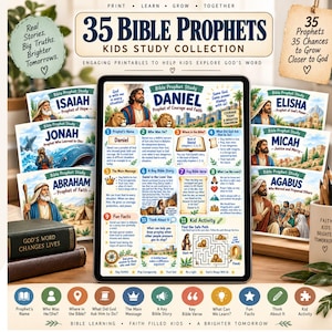 Può includere: Un tablet digitale mostra una pagina della 35 Bible Prophets Kids Study Collection dedicata a Daniele, circondata da fogli di studio stampati per Isaia, Giona, Abramo, Eliseo, Michea e Agabo, con il testo Print, Learn, Grow, Together.