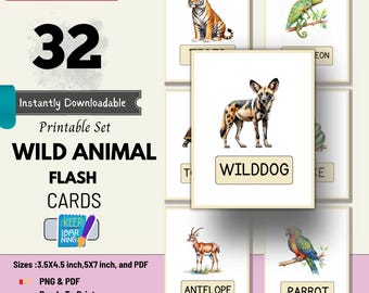 Printable Wild Animal Flashcards,Watercolor Safari Animal Cards for Toddlers,Preschoolers & Early Learners,Zoo Animals,eduational flashcards