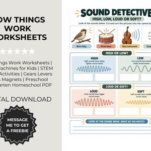 Op de afbeelding: Een Sound Detective werkblad met illustraties van een vogel, trommel, basinstrument en gefluister. De pagina bevat secties om geluiden te sorteren op hoog, laag, hard of zacht, inclusief golfpatronen en tekstuele opdrachten voor wetenschap.