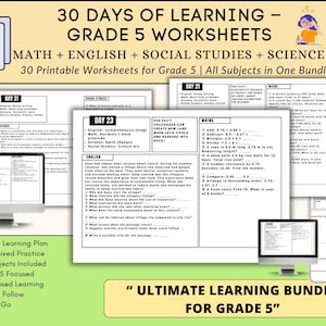 Grade 5 Daily Review Worksheets | 30 Days Math, ELA, Science & Social Studies | 40 Questions Daily | Printable Workbook PDF