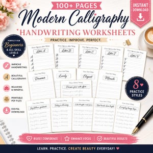 Puede incluir: Hojas de trabajo de caligrafía moderna, perfectas para principiantes. La imagen muestra hojas de práctica para letras y palabras, con frases como "Dreamer" y "Elegant". Incluye más de 100 páginas y 8 estilos de práctica.