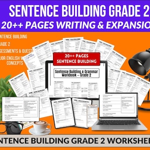 Può includere: Una risorsa educativa per gli studenti di seconda elementare, con un quaderno di lavoro e fogli di lavoro incentrati sulla costruzione di frasi e sulla grammatica. L'immagine mostra un laptop, un tablet e pagine stampate con il testo "Sentence Building Grade 2".