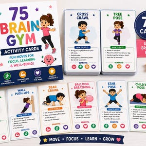 Puede incluir: Un set de 75 tarjetas de actividades Brain Gym con ilustraciones coloridas de niños realizando ejercicios como gateo cruzado, postura del árbol y postura del flamenco. La caja y las tarjetas incluyen texto instructivo e iconos de beneficios.
