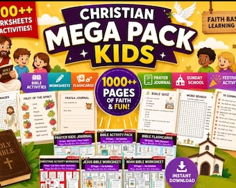 Christian Mega Pack Kids,Bible Activities Worksheets,Christian Flashcards,Kids Prayer Journal,Bible Festival Activities,Sunday School Print