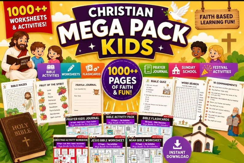 May include: A digital collection of over 1000 Christian-themed worksheets and activities for children. The graphic features illustrations of Jesus, children, a dove, and a church, with text including "Christian Mega Pack Kids" and "1000++ Pages of Faith & Fun!" displayed prominently.