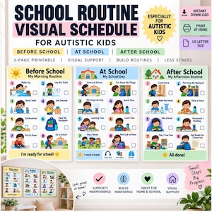 May include: A three-page printable school routine visual schedule for autistic kids, featuring sections for Before School, At School, and After School. Each section includes numbered tasks with colorful illustrations, checkboxes, and text labels for daily activities.