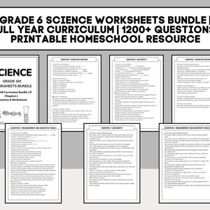 K&ouml;nnte beinhalten: Eine Sammlung von Arbeitsbl&auml;ttern f&uuml;r den naturwissenschaftlichen Unterricht der 6. Klasse, mit dem Text "GRADE 6 SCIENCE WORKSHEETS BUNDLE | FULL YEAR CURRICULUM | 1200+ QUESTIONS | PRINTABLE HOMESCHOOL RESOURCE". Die Arbeitsbl&auml;tter umfassen verschiedene Themen.