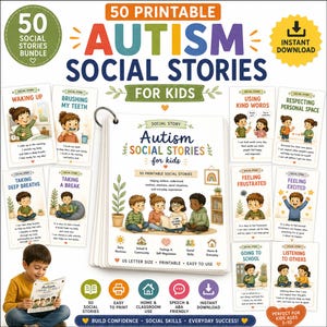 May include: A bundle of 50 printable social stories for kids, featuring a central ring-bound booklet titled Autism Social Stories for Kids, surrounded by individual cards illustrating daily routines, emotions, and social skills with colorful cartoon characters.