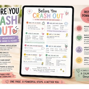 Könnte beinhalten: Ein digitales Tablet mit einem farbenfrohen, ausdruckbaren Arbeitsblatt mit dem Titel Before You Crash Out, A Reset Worksheet for Your Mind & Heart. Das Dokument enthält acht nummerierte Schritte mit Kontrollkästchen, Aufforderungen und Illustrationen.