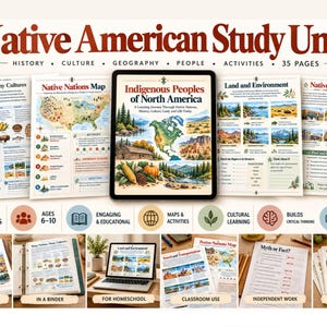 May include: A 35-page Native American Study Unit printable PDF featuring educational content on history, culture, geography, and people. The set includes maps, activity sheets, and informational pages about Indigenous Peoples of North America.