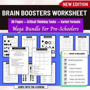 May include: A bundle of preschool worksheets titled "Brain Boosters Worksheet." The worksheets include critical thinking tasks and varied formats. The image shows the text "Mega Bundle For Pre-Schoolers" and "What's Included" with a list of features.