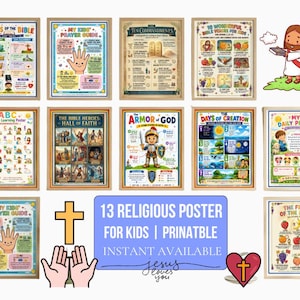 Könnte beinhalten: Eine Sammlung von 13 gerahmten religiösen Postern für Kinder. Die Poster zeigen farbenfrohe Illustrationen und Texte über die Bibel, darunter die Zehn Gebote, biblische Helden und das tägliche Gebet. Das Bild enthält auch eine Cartoon-Darstellung von Jesus.