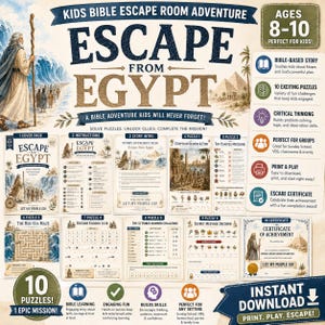 Peut inclure: Un kit imprimable d'escape game biblique pour enfants intitulé Escape From Egypt. L'ensemble comprend une page de couverture, des instructions, une introduction, dix énigmes comme des labyrinthes et des décodeurs, et un certificat, illustrés avec Moïse et des pyramides.