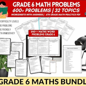 Puede incluir: Un paquete de productos digitales para matemáticas de 6º grado, con hojas de trabajo con respuestas. La imagen incluye una tableta que muestra problemas de matemáticas, pilas de libros y una lámpara. El texto en la imagen dice "Grade 6 Math Problems".