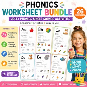 May include: A vibrant phonics worksheet bundle with 26 worksheets. The image shows alphabet cards with illustrations of words like apple, ball, and cat. A young girl smiles and gives a thumbs up. The text says "Learn, Trace, Match, Color."