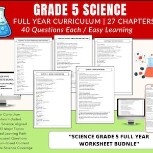 Op de afbeelding: Een wetenschapscurriculumbundel voor groep 5, met werkbladen en een curriculum voor het hele jaar. De afbeelding toont de tekst "GRADE 5 SCIENCE" en "FULL YEAR CURRICULUM | 27 CHAPTERS". De bundel behandelt belangrijke onderwerpen.