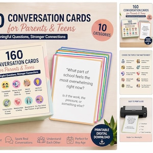 May include: A box set of 160 conversation cards for parents and teens. The box is beige with colorful accents and text that reads "160 Conversation Cards for Parents & Teens". The cards are designed to spark meaningful conversations.
