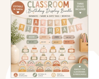 Editable Classroom Birthday Display Bundle,Student Birthday Board,Modern Boho Classroom Decor,Bday Banner,Name Tags,Month Card, Canva Edit