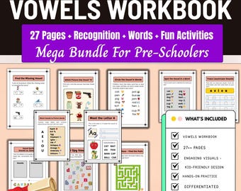 May include: A colorful educational workbook titled "Vowels Workbook" with the text "New Edition." The workbook includes 27 pages of activities for pre-schoolers, focusing on recognition, words, and fun. The image also shows a list of what's included.