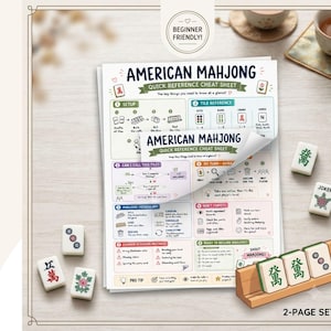 May include: A two-page American Mahjong quick reference cheat sheet printed on white paper with colorful sections, icons, and text. The guide includes setup instructions, tile references, gameplay rules, and vocabulary, accompanied by scattered Mahjong tiles.