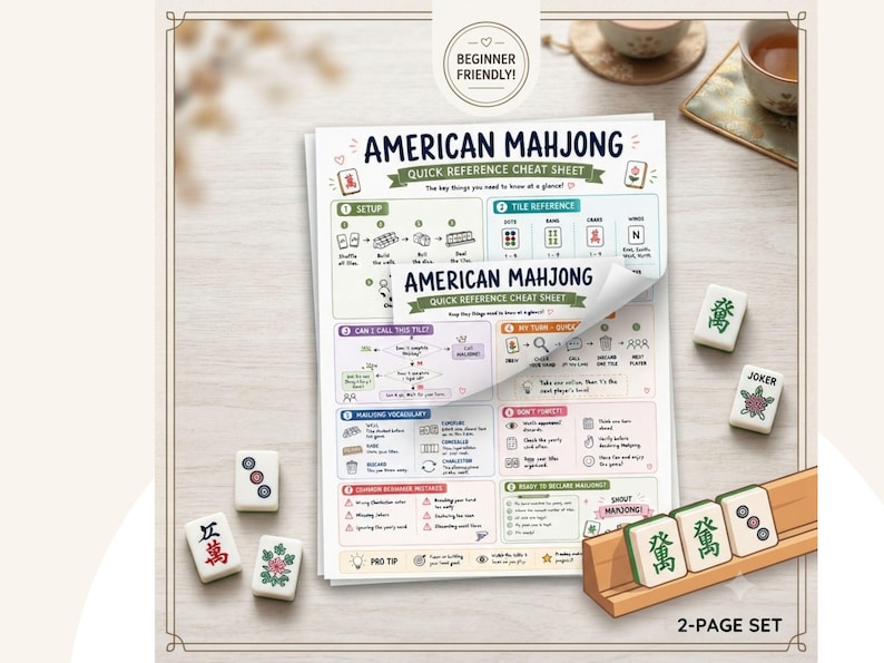 May include: A two-page American Mahjong quick reference cheat sheet printed on white paper with colorful sections, icons, and text. The guide includes setup instructions, tile references, gameplay rules, and vocabulary, accompanied by scattered Mahjong tiles.