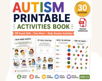 Puede incluir: Un libro de actividades imprimible para niños de 3 a 6 años, titulado AUTISM PRINTABLE ACTIVITIES BOOK. El documento incluye 30 actividades sobre habilidades sociales, motricidad fina y rutinas diarias, con páginas para opciones de calma, rutinas, emociones y búsqueda de objetos.