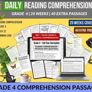 May include: A comprehensive educational resource for Grade 4 students, featuring the text "DAILY READING COMPREHENSION". The image showcases a full-year curriculum with 220+ pages, including 20 weeks of coverage and 40 extra passages. Includes a laptop, papers, and a coffee cup.
