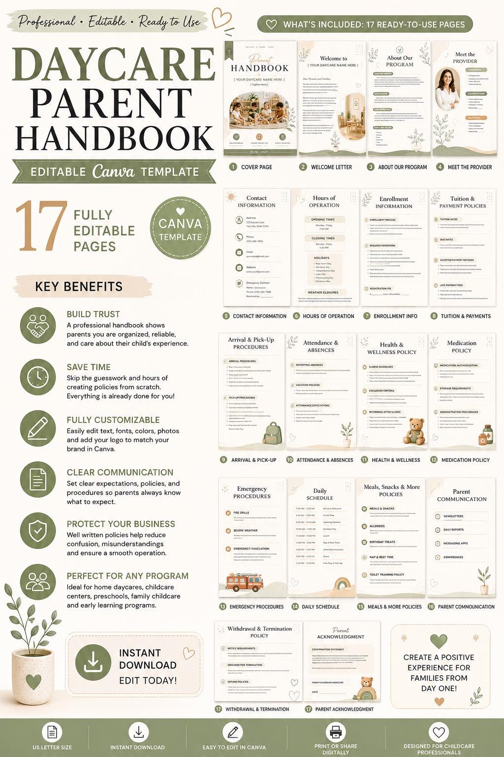Daycare Parent Handbook Template, 17 Pages Editable Childcare Policies ...