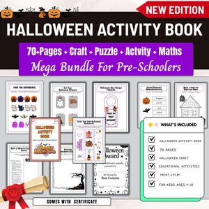 May include: A Halloween Activity Book with a red and orange cover, featuring the text "Halloween Activity Book" and "Happy Halloween". The book includes 70+ pages of crafts, puzzles, and activities for pre-schoolers, with a certificate.