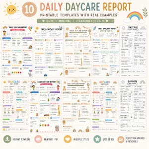 Può includere: Una collezione di dieci modelli stampabili di rapporti giornalieri per l'asilo nido con la scritta "Daily Daycare Report". I modelli, progettati per scuole materne e asili nido, presentano illustrazioni colorate. L'immagine include il testo "Cute, Minimal, Learning Focused".