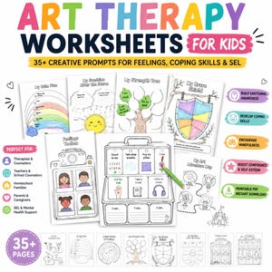 May include: A collection of art therapy worksheets for kids featuring 35+ creative prompts for feelings and coping skills. The pages include illustrations like a rainbow, a sun, a tree, a shield, and a toolbox, with colorful text and icons.