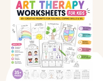 Art Therapy Worksheets for Kids Printable PDF,Child Therapy Workbook ,35+ pages Art Therapy Prompts for Feelings,Emotions,Coping Skills