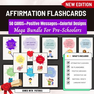 Può includere: Flashcard di affermazione per bambini in età prescolare. Il set include 50 carte con messaggi positivi e disegni colorati. Le carte presentano frasi come "Sono speciale e amato" e "Sono coraggioso e gentile". Il set include anche l'uso interattivo.