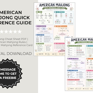 May include: Two American Mahjong quick reference cheat sheets featuring instructional diagrams, flowcharts, and text in a grid layout. The guides include sections on setup, tile reference, the Charleston, turn sequences, joker rules, and winning hands.
