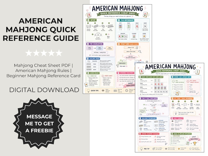 May include: Two American Mahjong quick reference cheat sheets featuring instructional diagrams, flowcharts, and text in a grid layout. The guides include sections on setup, tile reference, the Charleston, turn sequences, joker rules, and winning hands.