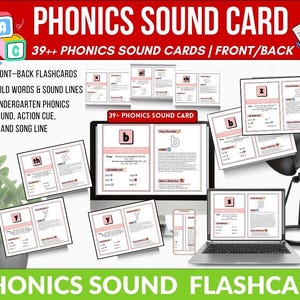 May include: A display of phonics sound cards, featuring the text "PHONICS SOUND CARD" and "39++ PHONICS SOUND CARDS | FRONT/BACK." The image includes flashcards, a laptop, and a smartphone, all displaying educational content for kindergarten phonics.