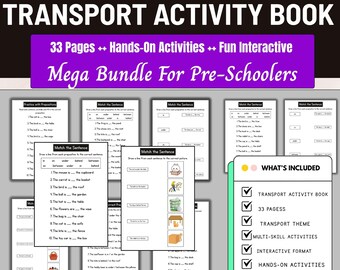 Activiteitenboek transport voor kinderen, kleurplaten transport, activiteitenpakket voertuigreizen, werkblad thuisonderwijs, voorschoolse activiteit, druk boek