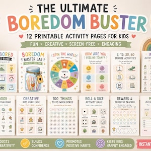 May include: A set of 12 printable activity pages titled The Ultimate Boredom Buster, featuring colorful illustrations and text for kids. The pages include a choice board, a boredom buster jar, a spin the wheel game, and various activity trackers.