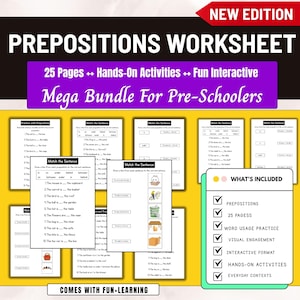 May include: A collection of preschool worksheets titled "Prepositions Worksheet" with the text "Mega Bundle For Pre-Schoolers". The worksheets feature hands-on activities and interactive exercises. The image also includes a list of what's included.