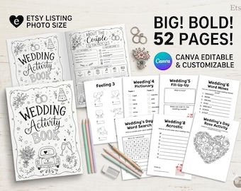 Libro da colorare personalizzato per bambini a tema matrimonio, 52 pagine modificabili su tela, libretto di attività per matrimoni / pacchetto di giochi da tavolo per bambini al ricevimento di nozze