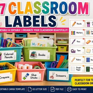 May include: A set of 177 classroom labels featuring colourful text and icons. The labels are displayed on plastic storage bins in yellow, pink, blue, and green, each containing school supplies like crayons, glue sticks, and scissors.
