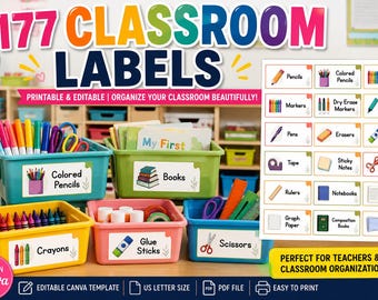 177 Etichette per la classe stampabili/modificabili (modello Canva) / Etichette per contenitori per insegnanti / Organizzazione della classe / Decorazioni per la classe in stile boho (PDF)