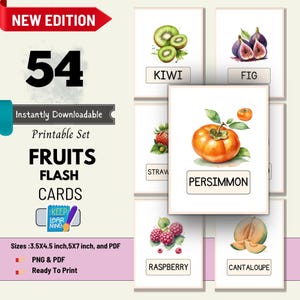 54Fruits Cards,Fruits Flashcards,Printable Educational Flashcards,Montessori Flashcards,Homeschool Learning Preschoolers,flashcards for kids