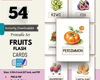 54Fruits Cards,Fruits Flashcards,Printable Educational Flashcards,Montessori Flashcards,Homeschool Learning Preschoolers,flashcards for kids