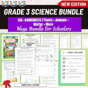 grade 3 science worksheets, 3rd grade science workbook, printable science worksheets, kids science activities, homeschool science curriculum, science worksheets bundle, elementary science printable, grade 3 science activities, science workbook for kids, plants animals matter worksheets,