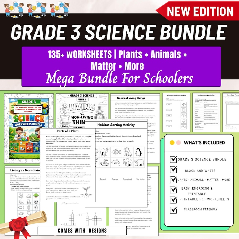 grade 3 science worksheets, 3rd grade science workbook, printable science worksheets, kids science activities, homeschool science curriculum, science worksheets bundle, elementary science printable, grade 3 science activities, science workbook for kids, plants animals matter worksheets,