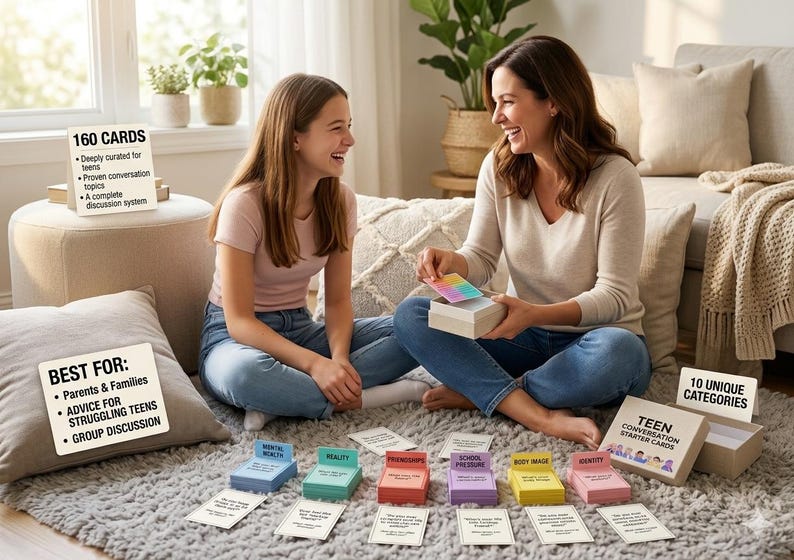 Pu&ograve; includere: Una madre e una figlia giocano a un gioco di carte, sorridendo e ridendo. Il gioco include carte con argomenti come "Amicizie" e "Immagine corporea". La scatola dice "Teen Conversation Starter Cards" e "160 carte".