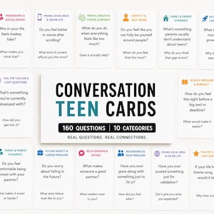 Pu&ograve; includere: Un set di carte di conversazione bianche per adolescenti, con 160 domande in 10 categorie. Le carte trattano argomenti come la pressione scolastica, le relazioni e i social media. Le parole "Conversation Teen Cards" sono al centro.